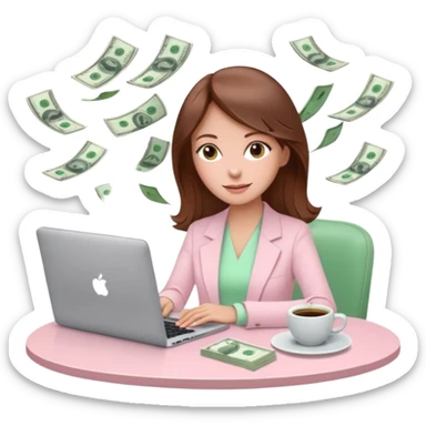  woman character dressed in pastel light pink with laptop and coffee relax table, dollars are floating, white laptop, brownn hair, fair skin,  sticker