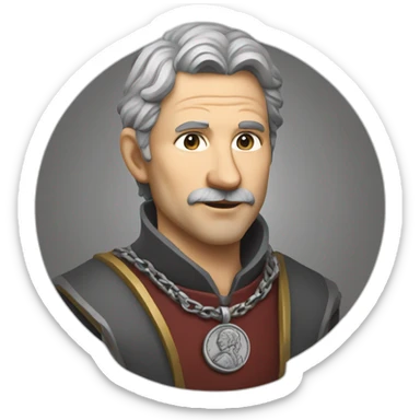 medieval coin engravers guild leader, 50 years old, grey hair, bust, has a necklace with a coin, has a coin in one hand sticker