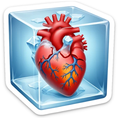 An artistic depiction of a human heart frozen in time, encased in a crystal-clear ice cube, symbolizing emotional coldness and isolation, cinematic lighting, high detail sticker