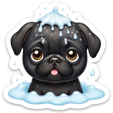 Black pug puppy with bath foam on top of his head sticker