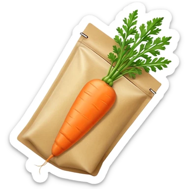 carrot seed packet, small rectangular pouch with a cute, simple illustration of an orange carrot on the front, green carrot leaves visible, minimal emoji style, clean lines, soft shading, white or light brown paper texture, friendly and cartoon-like, suitable for mobile emoji use sticker