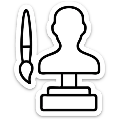 A paintbrush morphing into a metal human sculpture silhouette, symbol of artistic identity, on a display stand sticker