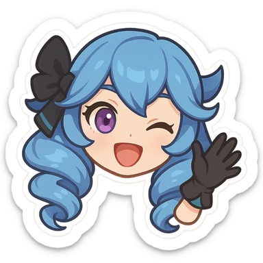 chibi style Gwen from League of Legends, only head, right eye purple, waving with gloved hand, wide smile, energetic expression sticker