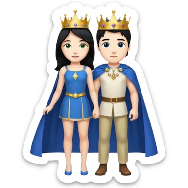 Prince with crown, blue cape and trousers, body and legs, black hair, blue eyes, woman blonde hair, green eyes, sexy white short sleveless dress,  sticker