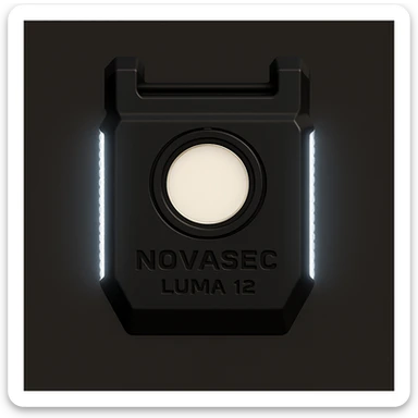 Add a thin white LED light strip along each side of the device, keeping the rest of the design unchanged. Maintain the technical, orthographic front view of the NOVASEC LUMA 12 underbarrel attachment in a detailed, technical style. sticker