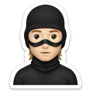 A guy with a brown mullet and a black baclava sticker