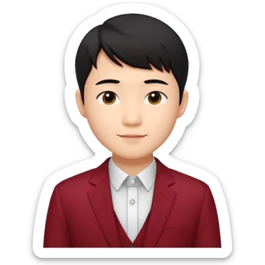 handsome Asian man emoji, short black hair with soft fringe, clean and elegant look, fair skin, gentle smile, wearing dark red suit and white shirt sticker