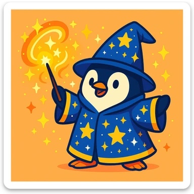 a penguin wizard casting a spell, with sparkles and a starry robe, cute cartoon style sticker