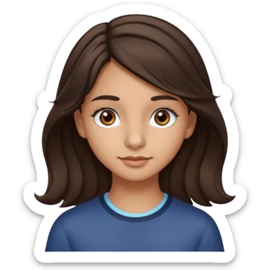 Create a emoji of a girl teen (14 years old) with dark brown hair and a little bit lighter brown in the end of the hair (but mixed) and waves in the hair with MEDIUM FAIR TO OLIVE skin tone, dark brown eyes, perfect nose, long eyelashes sticker
