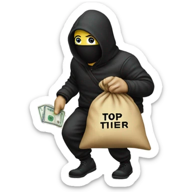 Thief stealing money bag with the words Top Tier embroidered on it sticker