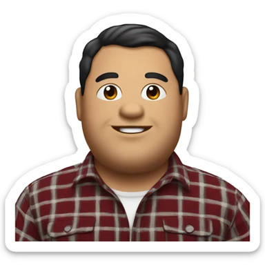 Fat man wearing a darkred and black plaid flannel shirt profile picture, happy, black hair sticker