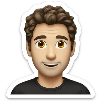 a slim white man with messy long dark brown hair, with a black t-shirt sticker