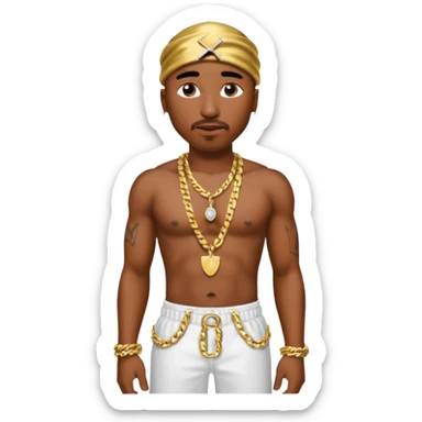 Tupac with white sequin baggy pants, shirtless with necklace sticker