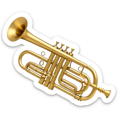Create a sleek and polished emoji representing the Brahner trumpet. The design should feature the shiny brass body of the trumpet, with its distinct bell shape and coiled tubing. Highlight the three smooth, finger-operated valves, and the mouthpiece at the top of the instrument. The finish of the trumpet should be a rich, golden brass tone with subtle reflections, giving it a polished and professional appearance. Add musical notes or soundwaves around the bell of the trumpet to evoke its bold and brassy sound. Use golden, brass, and silver tones to emphasize the vibrant, high-quality design of the trumpet. The background should be transparent. sticker