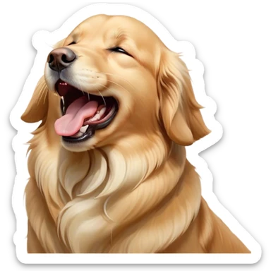 Cinematic Cute Yawning Golden Retriever Portrait Emoji, Head tilted slightly with a dramatic, wide-open yawn, revealing a silky golden coat with a subtle shimmer, floppy ears slightly drooping, round brown eyes barely open in drowsy contentment, Simplified yet irresistibly adorable features, highly detailed, glowing with a soft, cozy glow, high shine, relaxed yet expressive, stylized with a touch of whimsy, bright and endearing, soft glowing outline, capturing the essence of a sleepy yet affectionate companion, so drowsy it feels like it could stretch out of the screen and curl up for a nap! sticker
