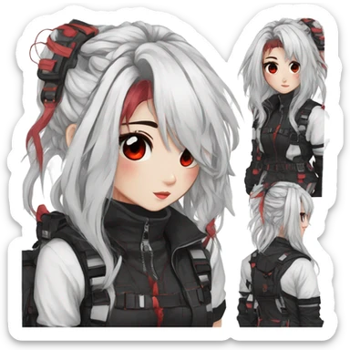 Gorgeous techwear anime style lady with blushing face aesthetic and pretty edgy black red white punk messy hair with collar and harness trending style sticker