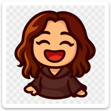 Create a chibi emote of the woman in the first reference image, in the style of the second reference image, laughing with eyes closed sticker