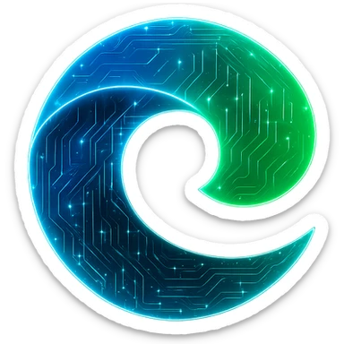 Transform the Microsoft Edge logo into a cyberpunk, holographic style with glowing neon blue and green edges, circuit patterns throughout the swirl, and a transparent background. Maintain the recognizable Edge swirl shape and color gradient, overlaying neon and circuit effects in a consistent futuristic, clean cyberpunk glow style with intricate circuit details. sticker