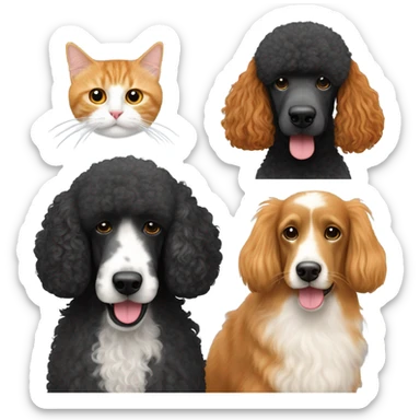 Black standard poodle with orange long haired cat with tabby short haired cat sticker