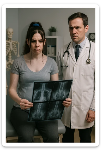 a person sits in a doctor’s office, holding medical imaging results (like X-rays or MRI scans) that appear normal. However, a subtle shadow or ghosted outline around their body reveals postural asymmetries—such as uneven shoulders or hips—that are not visible in the scans. The doctor looks puzzled, while the patient appears frustrated. sticker