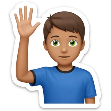Boy 10 years old, with overgrown brown hair,with a with black and green eyes in a blue T-shirt, waves his hand sticker