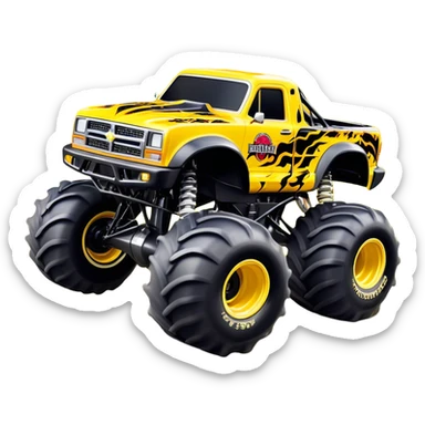 Maximum Destruction - Monster Jam (Model Year: 2021) (Iconic colour: Yellow with black flames) - A ferocious monster truck featuring a vivid yellow base accented by dramatic black flame patterns. Emphasize sharp, high-contrast flame streaks across the body, creating a look of aggressive, explosive energy. sticker