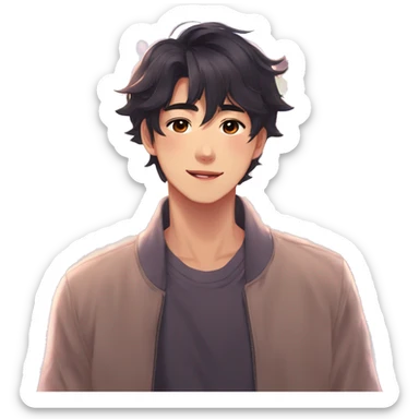 Gorgeous bright sparkly romantic Asian anime guy with blushing face aesthetic trending style outside sticker