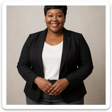 plus size Black woman with a pixie cut, business casual outfit, friendly expression, standing pose sticker