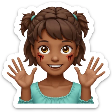 Cabelo ondulado  um pouco cheio e franja curta  Olhos marrons e pequenos e feita d ezumbi mais bonita com cabelo amarro na e com as mãos assim tipo assim🧟‍♀️ sticker