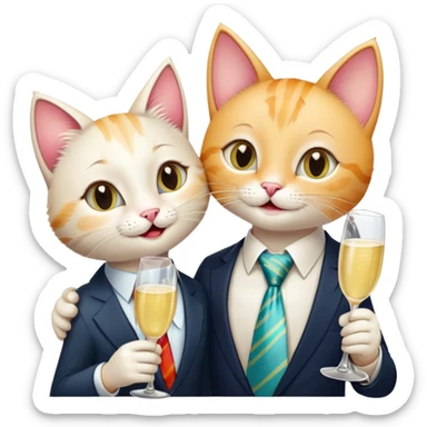 happy girl cat with eyelashes wearing a colorful necktie and happy boy cat wearing a professional necktie clinking champagne glasses together in celebration, both with cheerful expressions sticker