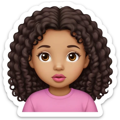 light brown skin tone, very adorable toddler, with big plump lips, long long lashes, black curly long hair, brown eyes, pink shirt sticker
