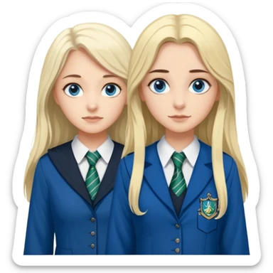 a pretty ravenclaw girl with long dark brown hair and blue eyes standing with a hot Slytherin girl with long blonde hair, blue eyes and big boobs  sticker