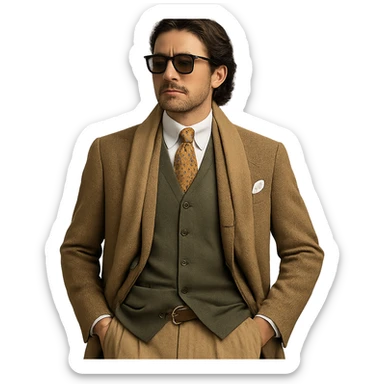 a wealthy gentleman in vintage preppy attire, sunglasses, medium-length black hair, old money style sticker