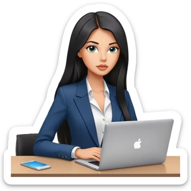 Glamours tanned very beautiful girl with pump peach lips and black straight smooth long hair, blue-grey eyes in blazer (only blazer) with MacBook in the office sticker