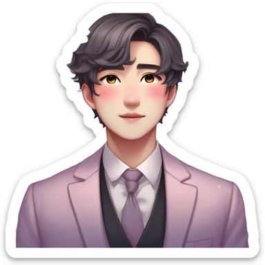 Gorgeous romantic anime style Asian formal modern gentlemanly guy with flowers and blushing face aesthetic trending style outside with colorful gradient colors  pastelcore cottagecore kawaiicore sticker