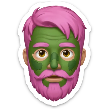 pink haired man with full full face dirty messy green clay mask and beard sticker
