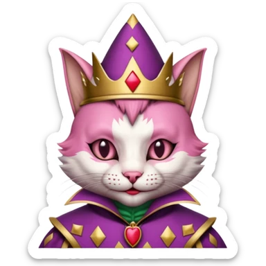court jester cat medieval, single poker card joker clearly visible, pink, face only sticker