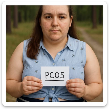 Realistic woman with PCOS inspired by the reference photo, realistic face and body with acne marks, facial hair on chin, thin hair, slightly overweight, similar clothing, natural environment, hyperrealistic 4K details. sticker