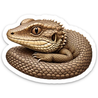 Meme-Worthy cute Sleeping brown camo spotted monitor Lizard Portrait Emoji, Head resting peacefully with a contented smile, showcasing intricately patterned scales and eyes gently closed in serene slumber, Simplified yet comically adorable features, highly detailed, glowing with a soft, drowsy earthy light, high shine, relaxed and utterly lovable, stylized with an air of playful laziness, bright and heartwarming, soft glowing outline, capturing the essence of a sleeping reptilian guardian that feels destined to become the next viral icon of adorable rest! sticker