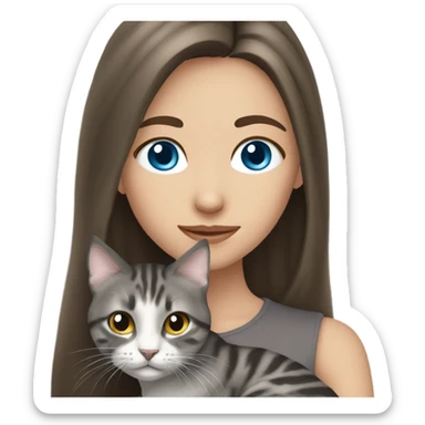 long haired brunette blue eyed girl holding a grey tabby cat sticker