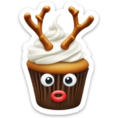 Cupcake with white frosting with pretzel antlers at the top and two little eyes with a red nose  sticker