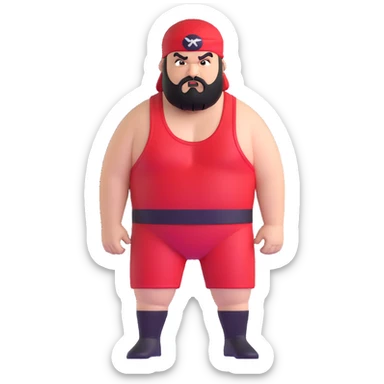 White skin fat guy with black durag, black beard, black eyes in a red and black wrestling singlet with angry face sticker