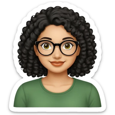 Hispanic woman in her 20s with caramel skin tone. Round face with prominent cheeks and dimples. Dark eyes with black thick-framed glasses. Shoulder-length curly black hair with defined curls. Wide sincere smile. Wearing a green casual top. sticker