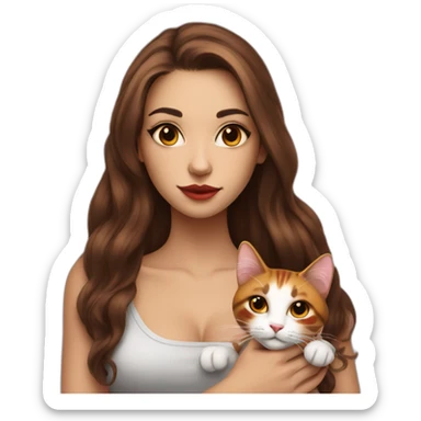 young tattooed woman with  brunette long hair holding a red and white cat in her hands sticker