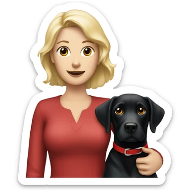 Blonde lady holding a black Labrador with a red collar  sticker