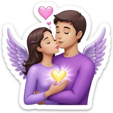 White brunette human man with rays of light Heart kisses a pastel purple angel woman sticker