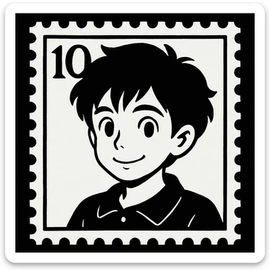 Increase contrast, use only pure black and pure white with no grays or shading, keep as a letter stamp in studio ghibli style. sticker