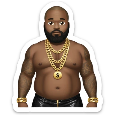 Rick Ross with black sequin baggy pants, shirtless with necklace sticker