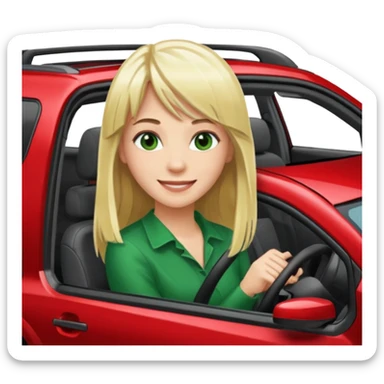 A Smiling Green Eyed, Long Haired Blonde with bangs driving a RED NISSAN ROGUE SUV sticker