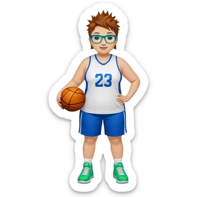 Full Body plus size white female basketball player with short medium brown hair with carmel highlights spikey hair wearing blue glasses 
 wide nose wearing blue green uniform  green sneakers smiling  sticker